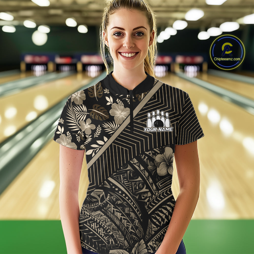 Black tribal pattern Bowling Polo, 1/4 zip Shirts For Women Custom Team Bowling Jerseys NQS11389