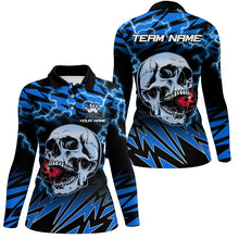 Load image into Gallery viewer, Women bowling polo shirts Custom blue lightning thunder Skull Bowling Team Jersey, gift for Bowlers NQS7420