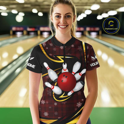 Red Christmas Plaid pattern snowflake Black and Gold Women's Bowling shirts Custom Xmas Bowling Gifts NQS10997