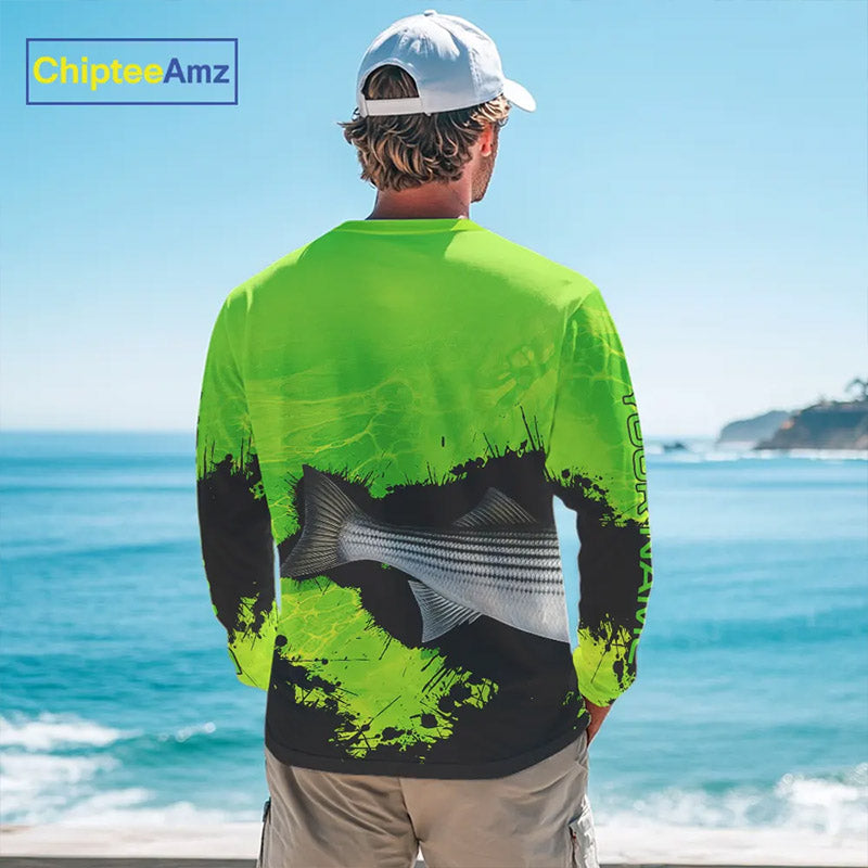Personalized Striped Bass fishing Performance long sleeve Fishing Shirt, Striper fishing jersey|Green NQS11194