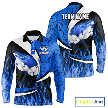 Blue Flame Bowling Camo Bowling Polo, Quarter Zip Shirts For Men Custom Bowling Team Bowler Jerseys NQS11195