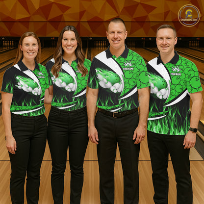 Green Flame Bowling Camo Bowling Polo, Quarter Zip Shirts For Men Custom Bowling Team Bowler Jerseys NQS11196