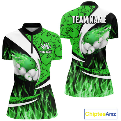 Green Flame Bowling Camo Bowling Polo, Quarter Zip Shirts For Women Custom Bowling Team Bowler Jersey NQS11196