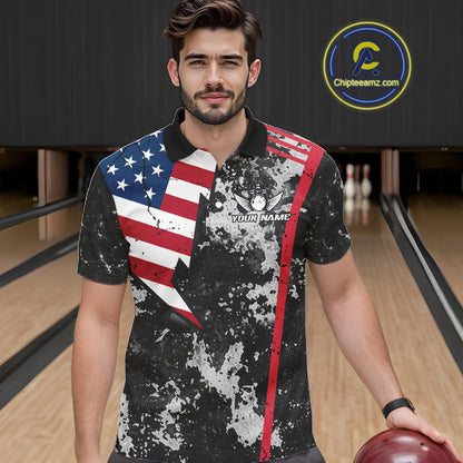 American Flag grunge Bowling polo shirts, 1/4 zip shirt for men Custom patriotic team bowling jerseys NQS11405