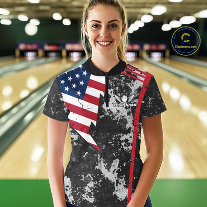 American Flag grunge Women Bowling polo shirts, 1/4 zip shirt Custom patriotic team bowling jerseys NQS11405
