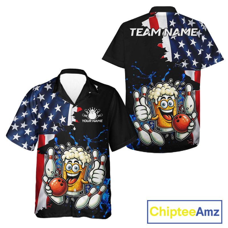 Funny Beer Bowling Hawaiian Shirts Custom US Flag Patriotic Team Bowling Jerseys Uniforms NQS11602