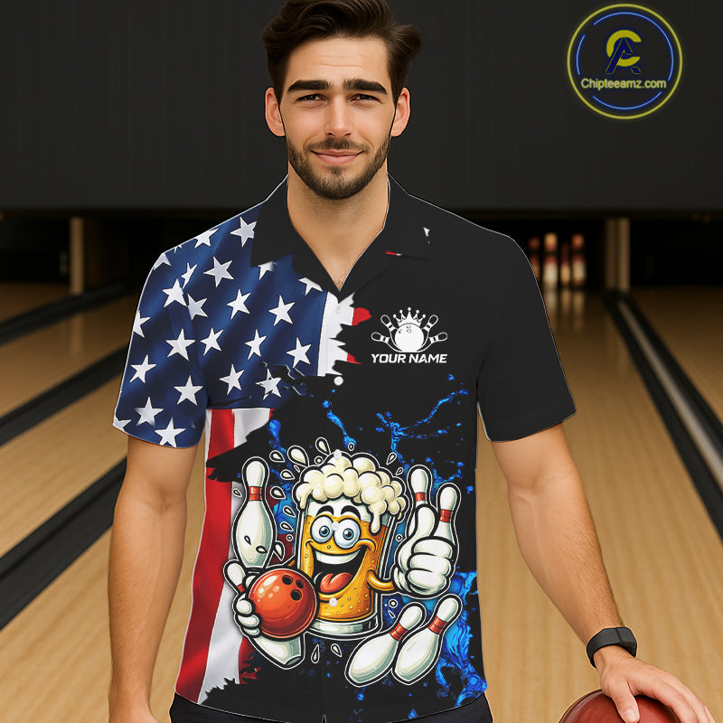 Funny Beer Bowling Hawaiian Shirts Custom US Flag Patriotic Team Bowling Jerseys Uniforms NQS11602