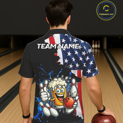 Funny Beer Bowling Hawaiian Shirts Custom US Flag Patriotic Team Bowling Jerseys Uniforms NQS11602