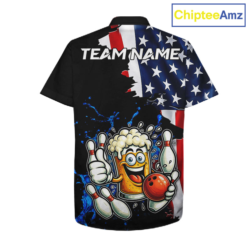 Funny Beer Bowling Hawaiian Shirts Custom US Flag Patriotic Team Bowling Jerseys Uniforms NQS11602
