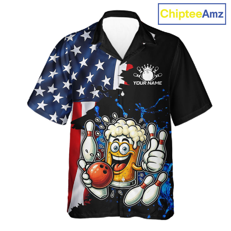 Funny Beer Bowling Hawaiian Shirts Custom US Flag Patriotic Team Bowling Jerseys Uniforms NQS11602