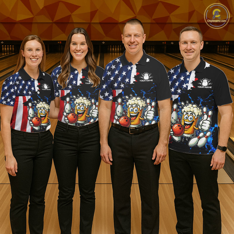 Funny Beer Bowling Shirts for Men Custom US Flag Patriotic Team Bowling Jerseys Uniforms NQS11602