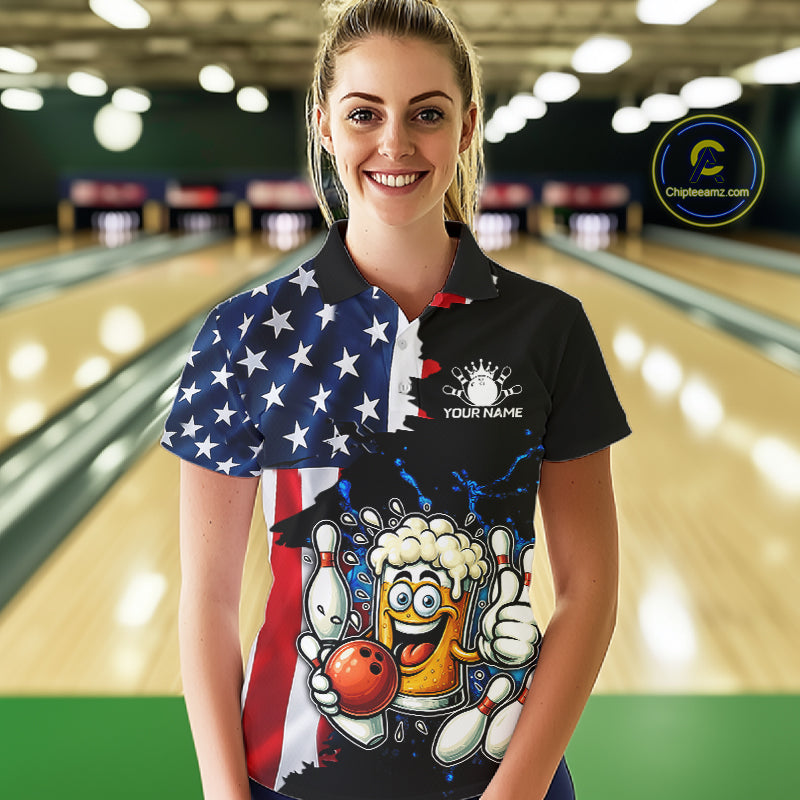 Funny Beer Bowling Shirts for Women Custom US Flag Patriotic Team Bowling Jerseys Uniforms NQS11602