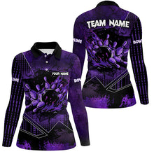 Load image into Gallery viewer, Purple grunge flame bowling ball pins Women Bowling Polo, Quarter zip shirt custom bowling Team jersey NQS8203