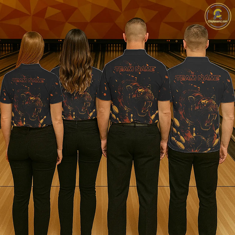 Personalized Black and Orange Tiger Bowling Team Polo, 1/4 Zip Shirts For Men, Tiger Bowling Jerseys NQS11203