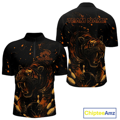 Personalized Black and Orange Tiger Bowling Team Polo, 1/4 Zip Shirts For Men, Tiger Bowling Jerseys NQS11203