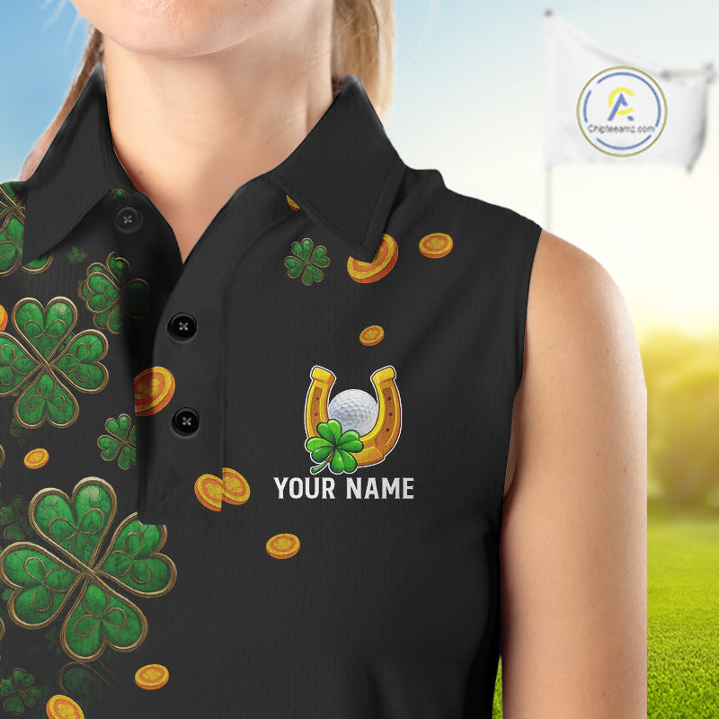 Personalized Green Clover St Patrick's Day pattern Sleeveless Golf Polo Shirts, Best ladies golf wear NQS11207