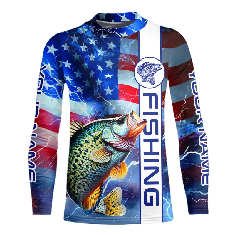 American flag Crappie lingtning Long Sleeve Fishing Shirts custom Patriotic Crappie fishing jerseys NQS9472