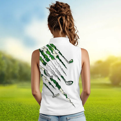Green shamrock pattern White Women sleeveless polo Custom golf clubs St Patrick day ladies golf attire NQS9476