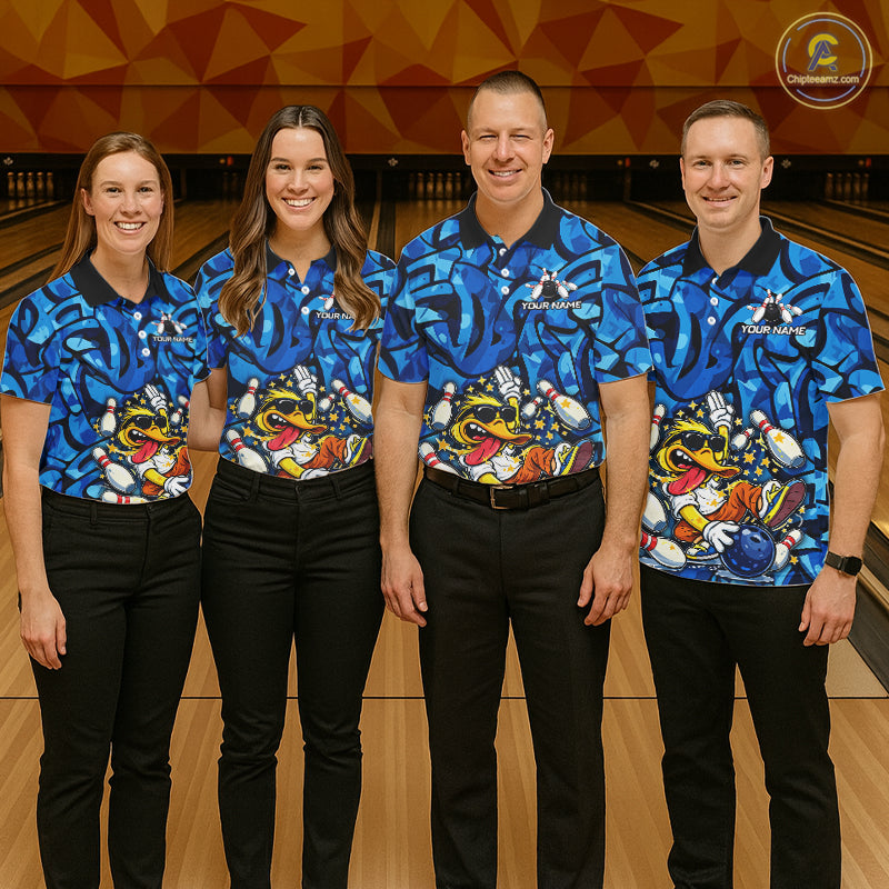 Funny Duck Bowling Polo, 1/4 Zip Shirts for Women Custom Blue graffiti pattern Team Bowling Jerseys NQS11603