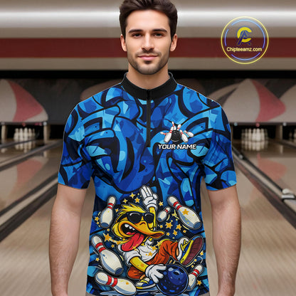 Funny Duck Bowling Polo, 1/4 Zip Shirts for Men Custom Blue graffiti pattern Team Bowling Jerseys NQS11603