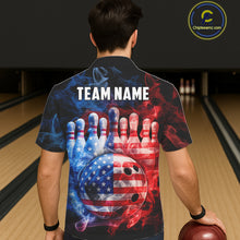 Load image into Gallery viewer, Smoke American Flag Bowling ball &amp; pins Bowling Button-up Shirts Custom patriotic Team Bowling Jersey NQS11606