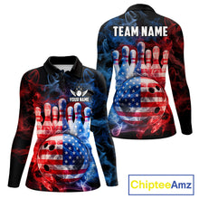 Load image into Gallery viewer, Smoke American Flag Bowling ball &amp; pins Bowling Shirts for Women Custom patriotic Team Bowling Jersey NQS11606