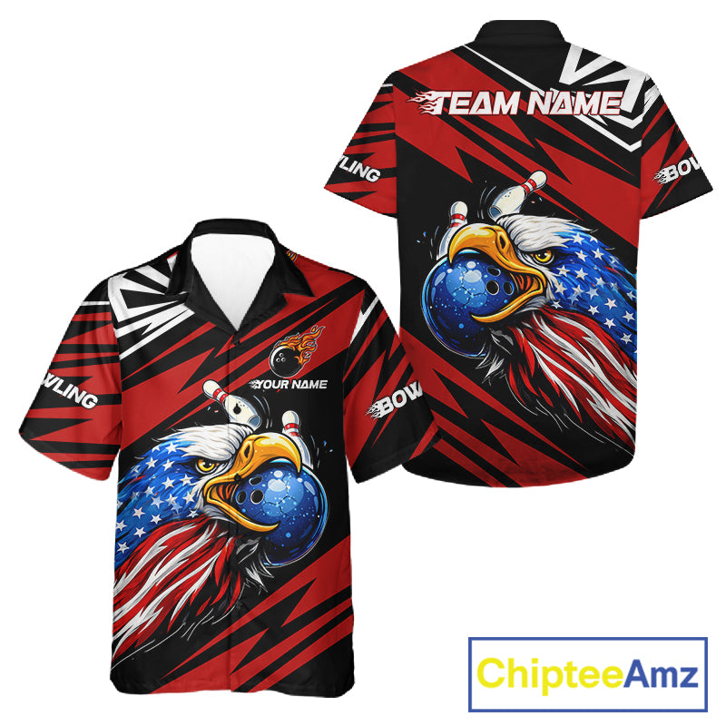 Custom Black and Red Camo American Flag Eagle Button-up Bowling shirts, patriotic bowling team shirts NQS11609