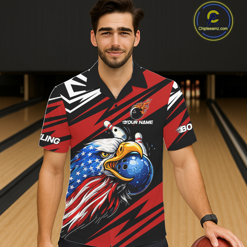 Custom Black and Red Camo American Flag Eagle Button-up Bowling shirts, patriotic bowling team shirts NQS11609