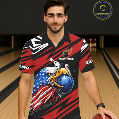 Custom Black and Red Camo American Flag Eagle Button-up Bowling shirts, patriotic bowling team shirts NQS11609