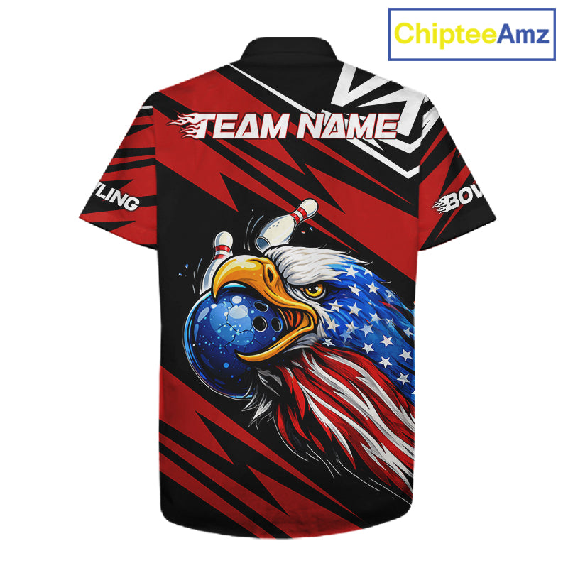Custom Black and Red Camo American Flag Eagle Button-up Bowling shirts, patriotic bowling team shirts NQS11609