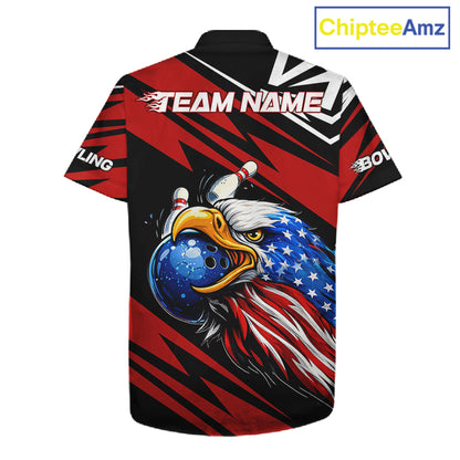 Custom Black and Red Camo American Flag Eagle Button-up Bowling shirts, patriotic bowling team shirts NQS11609