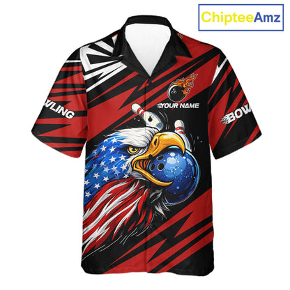 Custom Black and Red Camo American Flag Eagle Button-up Bowling shirts, patriotic bowling team shirts NQS11609