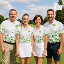 Load image into Gallery viewer, Custom Green shamrock pattern White Golf Polo shirts for Women, St Patrick's day ladies golf shirts NQS11610