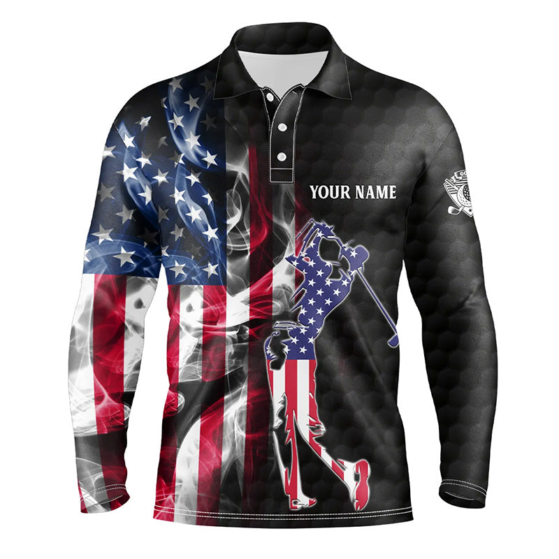 Mens golf polo shirts custom smoke American flag patriotic black mens golf tops NQS7778