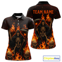 Load image into Gallery viewer, Black And Orange Flame Reaper Skull Custom Halloween Bowling Team Shirts For Women, Bowling Gifts NQS10835
