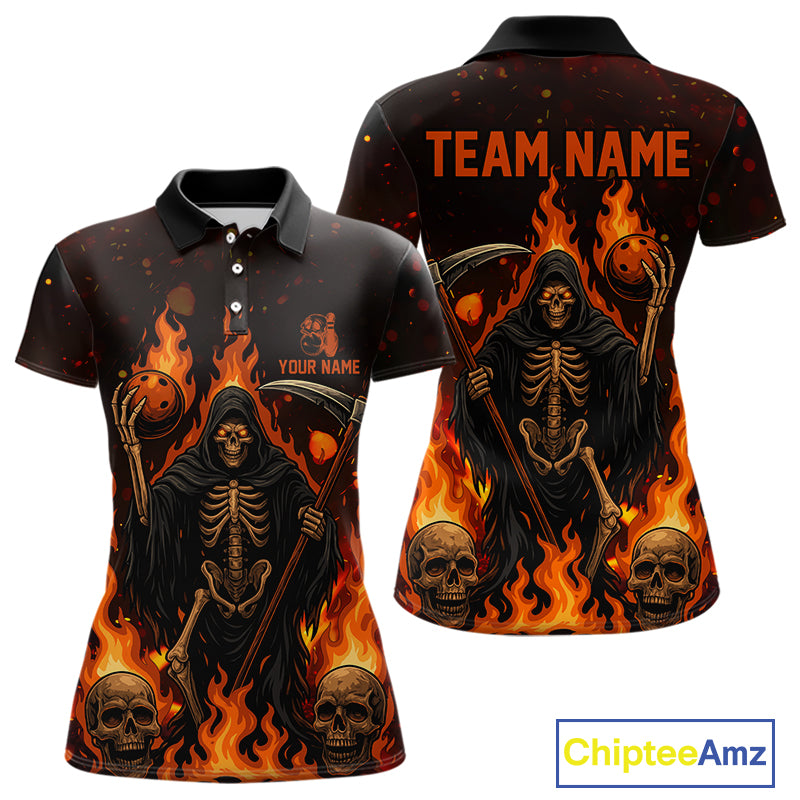 Black And Orange Flame Reaper Skull Custom Halloween Bowling Team Shirts For Women, Bowling Gifts NQS10835