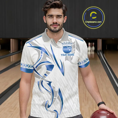 White and Blue crown Bowling ball Polo, Quarter Zip Shirts for Men Custom Bowling Team jerseys NQS11008