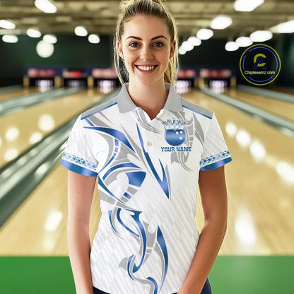 White and Blue crown Bowling ball Polo, Quarter Zip Shirts for Women Custom Bowling Team jerseys NQS11008
