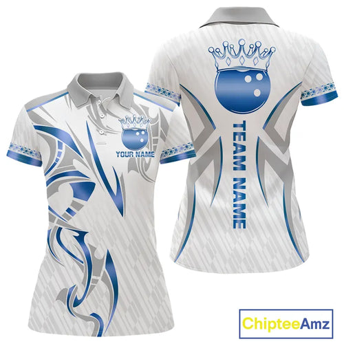 White and Blue crown Bowling ball Polo, Quarter Zip Shirts for Women Custom Bowling Team jerseys NQS11008