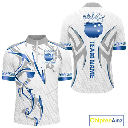 White and Blue crown Bowling ball Polo, Quarter Zip Shirts for Men Custom Bowling Team jerseys NQS11008