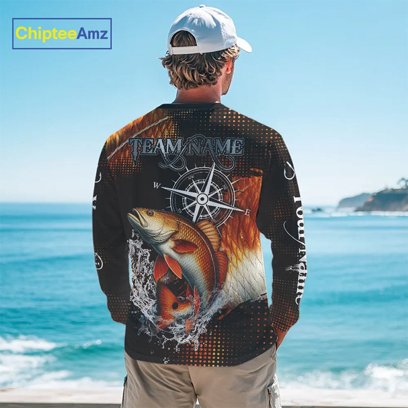 Personalized Black and Red Redfish fishing scales compass Performance long sleeve Fishing Team Shirts NQS11217