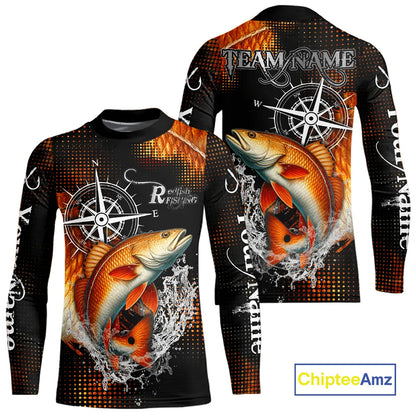Personalized Black and Red Redfish fishing scales compass Performance long sleeve Fishing Team Shirts NQS11217