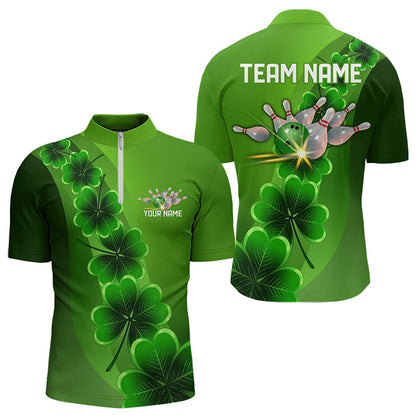 Green shamrock Lucky Bowling Polo, 1/4 Zip Shirt for Men Custom St Patrick Day Bowling Team Jerseys NQS9486