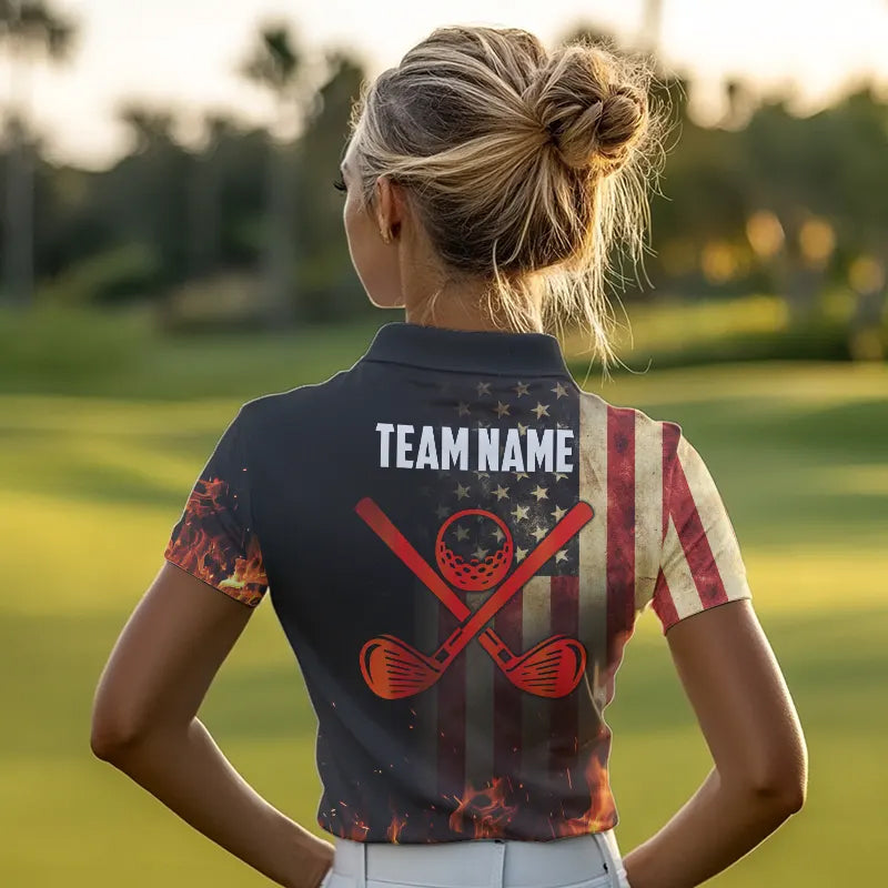 Flame Golf ball vintage American Flag Golf polo shirts for Women Custom patriotic ladies golf attire NQS9650