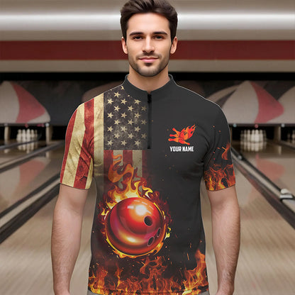 Vintage American Flag Flame Bowling Shirts For Men Custom Patriotic Mens Bowling Team Jersey NQS9651
