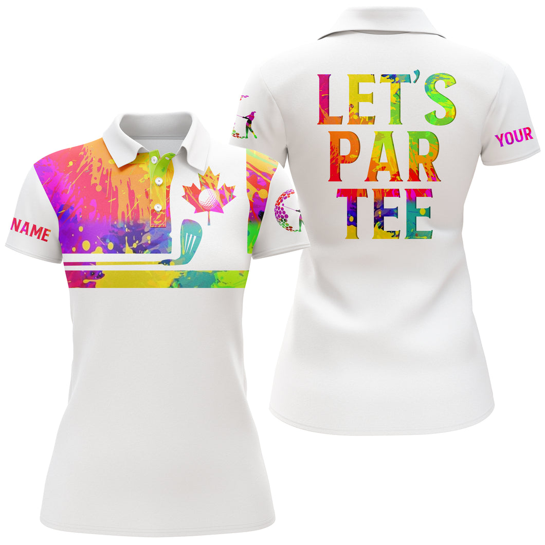 Womens golf polo shirts watercolor Canadian flag patriot custom name Let’s Par Tee white golf shirt NQS5428