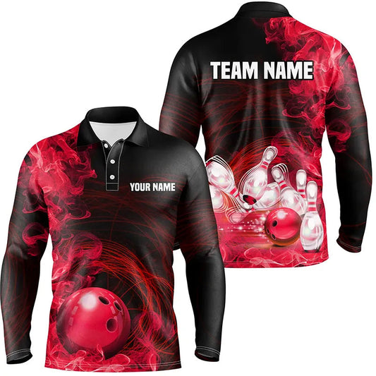 Red Flame Fire Bowling Polo, Quarter Zip Shirt For Men Custom team bowling jerseys, Gift for Bowlers NQS8659