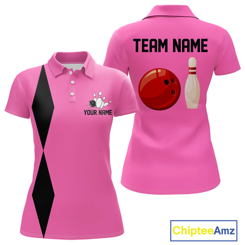 Personalized Retro Bowling Polo, Quarter Zip Shirt For Women custom vintage bowling team jersey| Pink NQS11012