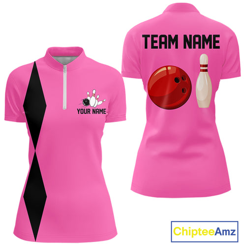 Personalized Retro Bowling Polo, Quarter Zip Shirt For Women custom vintage bowling team jersey| Pink NQS11012