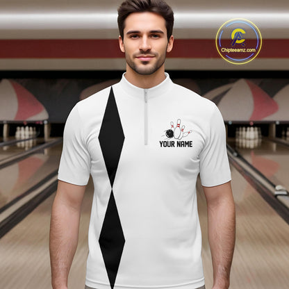 Personalized Retro Bowling Polo, 1/4 Zip Shirts For Men custom vintage bowling team jersey | White NQS11014